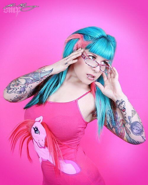 Pink My Little Pony strap dress blue haired girl with pink My Little Pony strap dress
