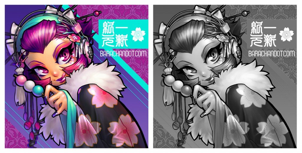 Kawaii Geisha by Barachan Kawaii Geisha Illustration in Purple by Barachan