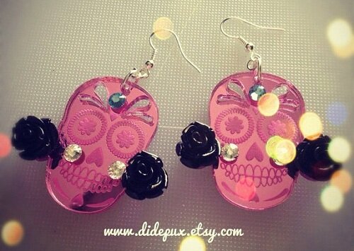 Skull Earrings Day of the dead Sugar skull earrings Kawaii laser cut swarovski necklace Kawaii Jewelry